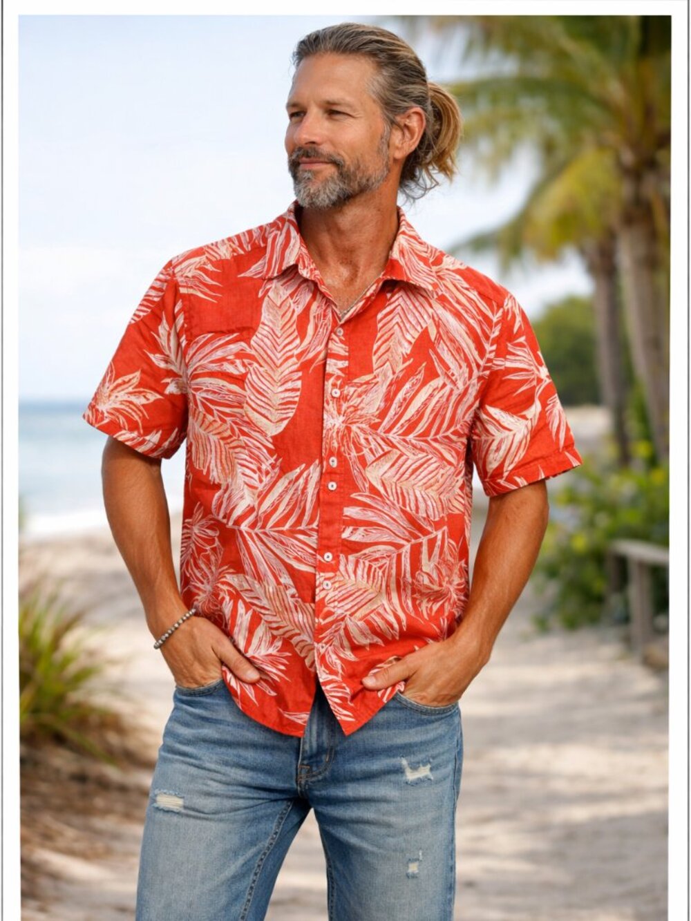Porter & Ash Linen Button Up Shirt Men's Medium Coral Hawaiian Beachy Resort